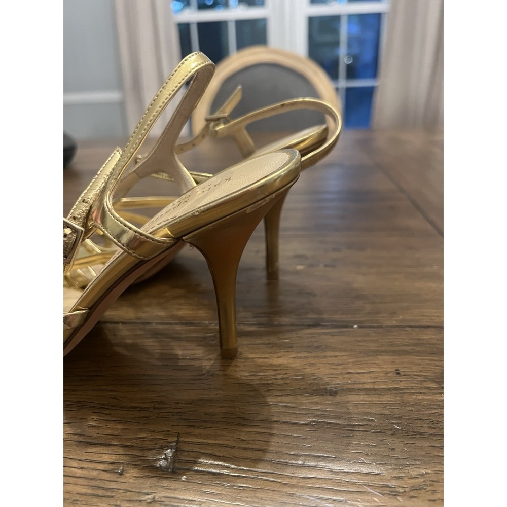 KATE SPADE Women's Sz 8.5 B Metallic Gold Leather Ankle Strap Pumps Heel Sandals - Picture 3 of 14